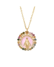 Collier Vierge Marie acier inoxydable plaqué or 18k avec minéraux naturels 40-45 cm résistant à l’eau