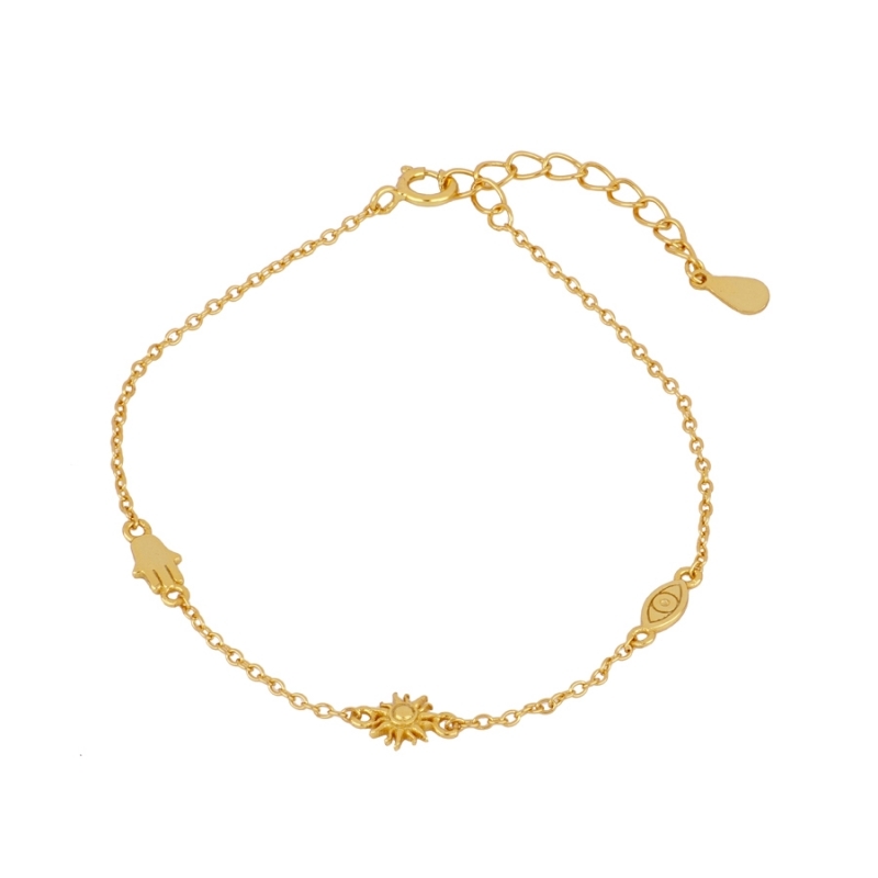 Pulsera FATIMA en plata de ley 925 bañada en oro con mano de Fátima, ojo y sol ajustable