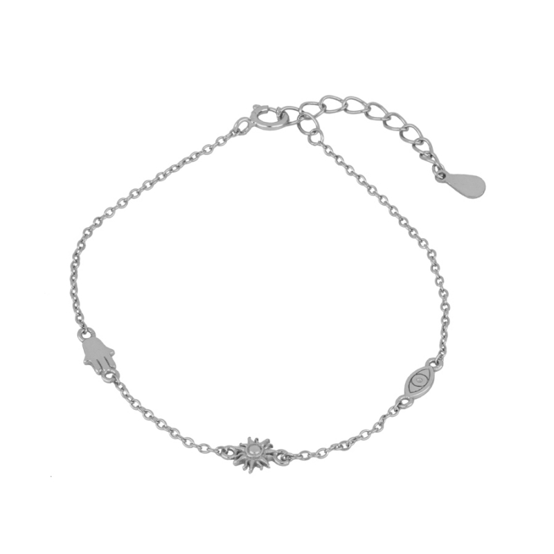 Pulsera FATIMA en plata de ley 925 con mano de Fátima, ojo y sol ajustable