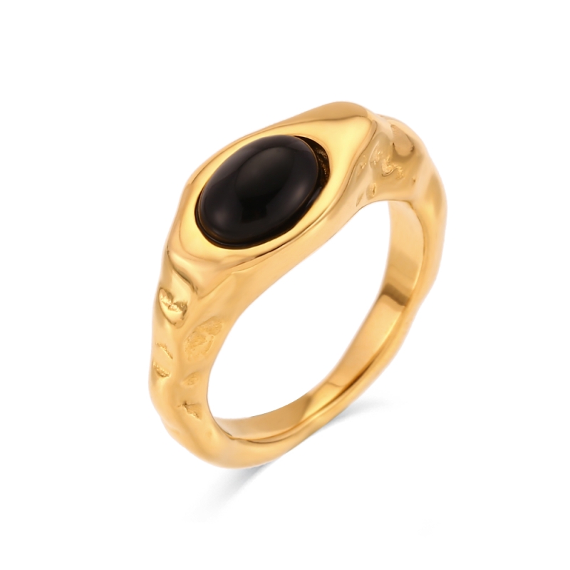 Bague Hailey or acier inoxydable plaqué or 18k avec pierre onyx noir