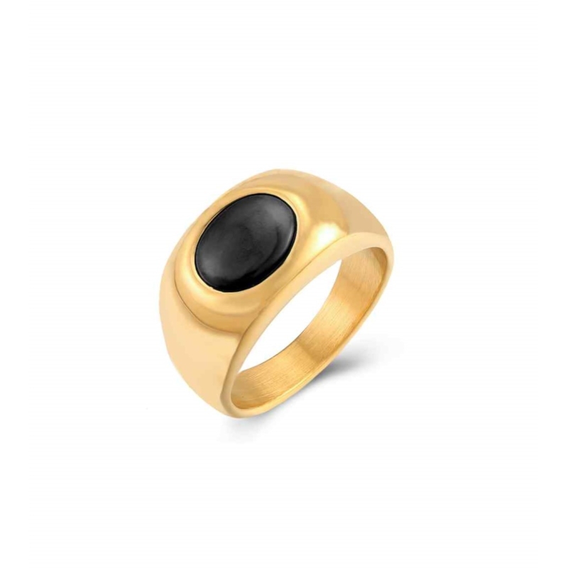 Bague Bieber or acier inoxydable plaqué or 18k avec pierre onyx noir épaisse