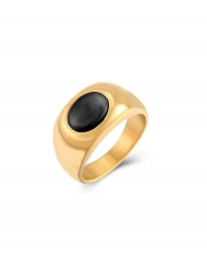 Bague Bieber or acier inoxydable plaqué or 18k avec pierre onyx noir épaisse
