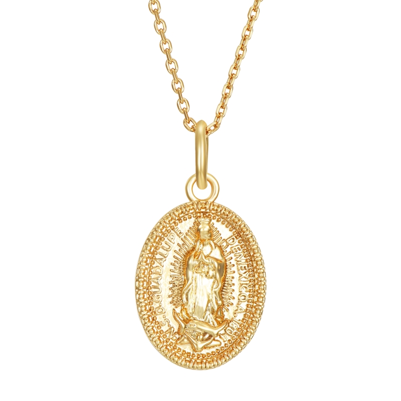 Collar Virgen de Guadalupe acero inoxidable 316L color oro 40-46 cm hipoalergénico