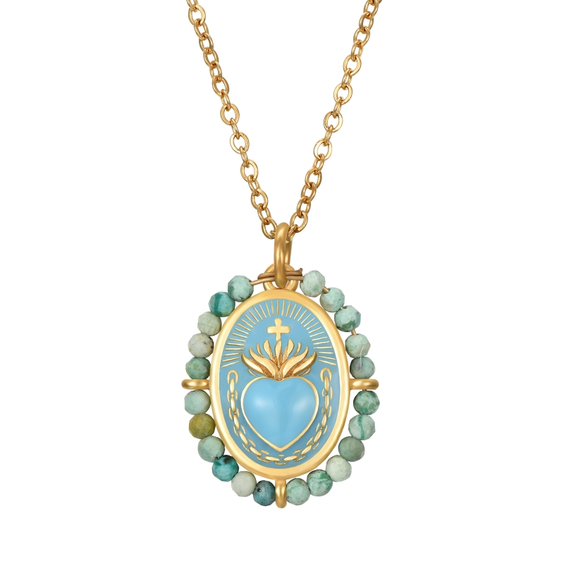 Sacred Heart necklace stainless steel 316L gold color with natural minerals 40-45 cm hypoallergenic