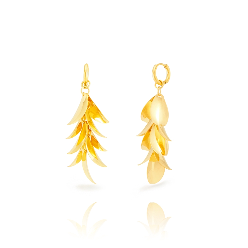 Long PETALOS gold stainless steel leaf earrings in 316L stainless steel