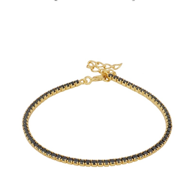 Pulsera de plata de ley 925 bañada en oro con circonitas negras ajustable de 15 a 18 cm