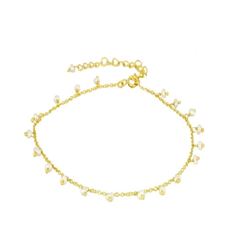 Gold plated sterling silver anklet with natural pearls adjustable handmade in Barcelona