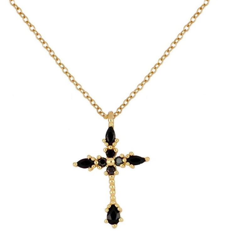 Collar cruz Kris en plata 925 con baño de oro 18k y circonitas negras – it’s MIEL