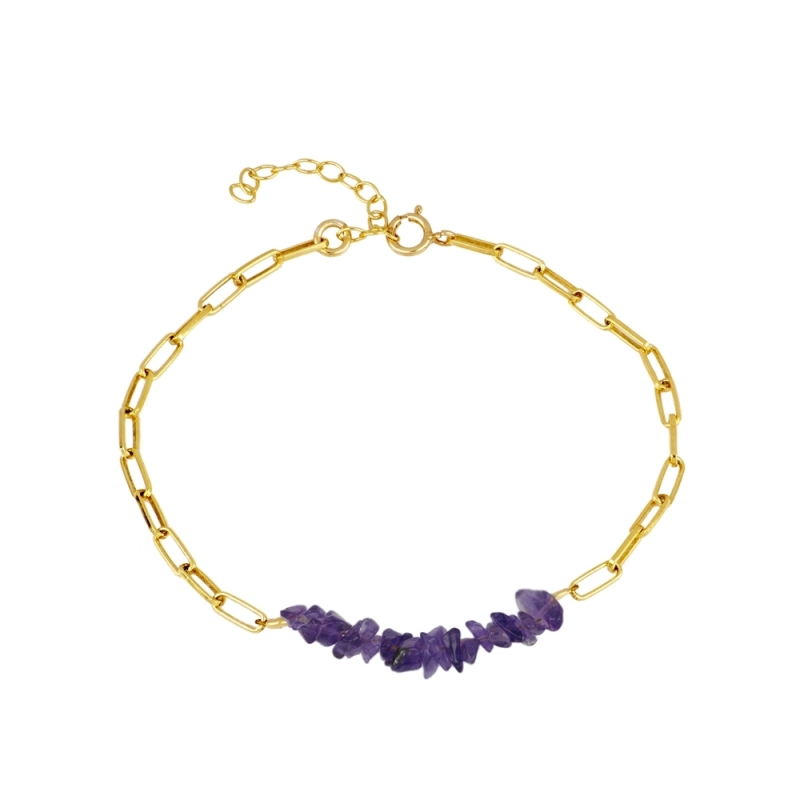 Natural amethyst chips bracelet with gold plated 925 sterling silver chain