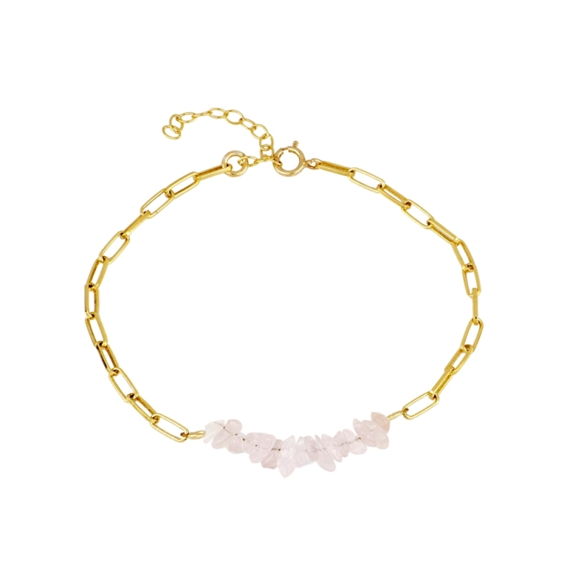 Pink quartz chips bracelet with gold plated 925 sterling silver chain