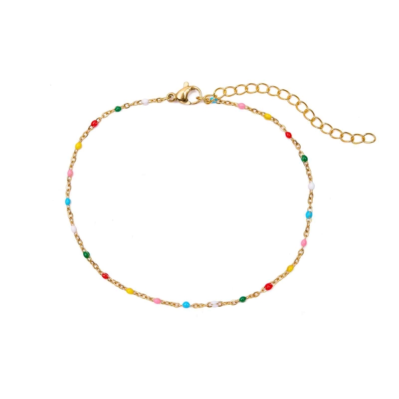Gold plated stainless steel anklet with colorful enamel beads waterproof