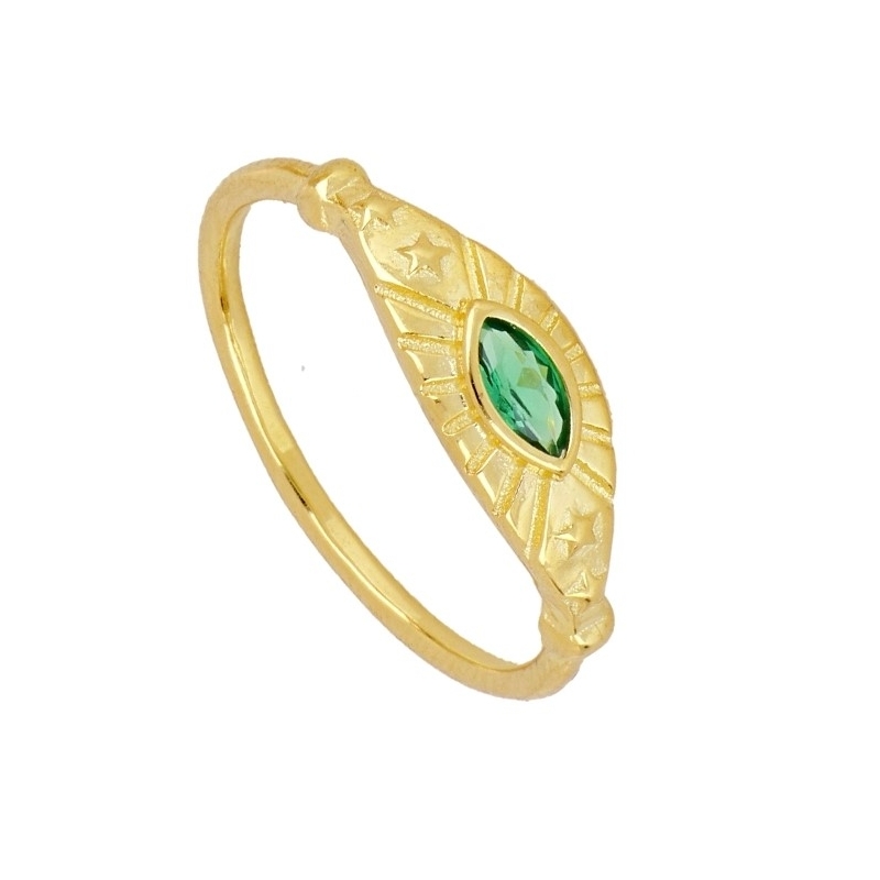 Anillo OJO VERDE ORO de plata 925 con baño de oro de 18k y circonita verde en forma de ojo