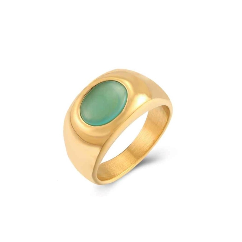 VIBES CALCEDONIA GOLD ring in stainless steel with 18k gold plating and natural green chalcedony stone