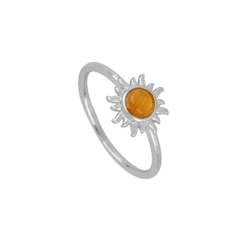 Anillo Soleinas de plata de ley 925 con diseño de sol y piedra ópalo naranja