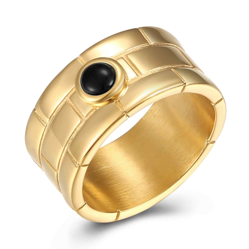 Anillo BRACK de acero inoxidable bañado en oro de 18k con piedra negra, resistente al agua