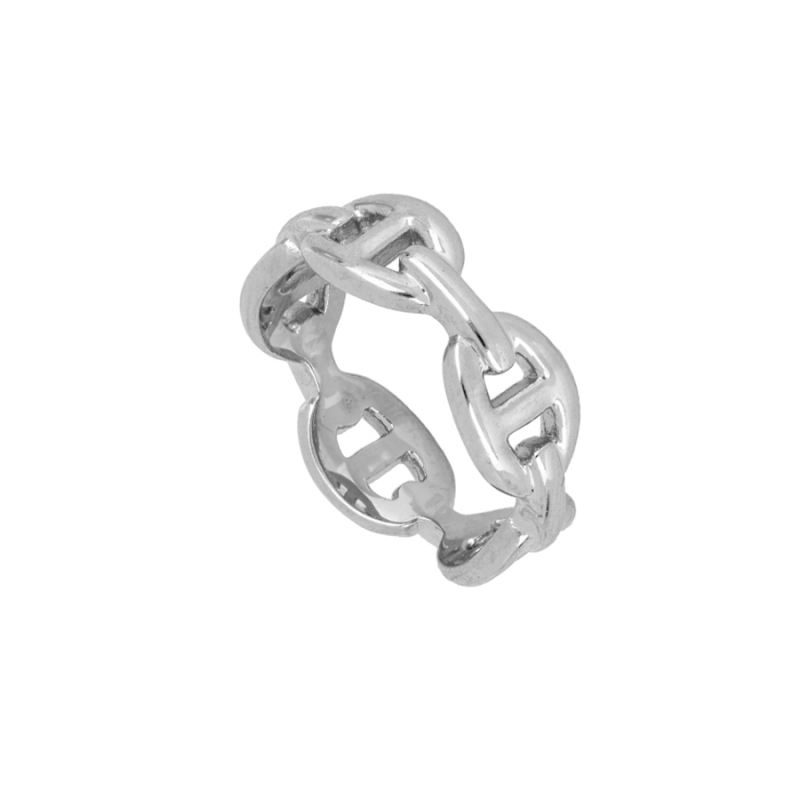 Anillo KIA de acero inoxidable 316L plateado con diseño de eslabones gruesos, resistente al agua